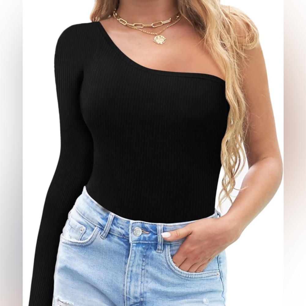 New ALGALAROUND One Shoulder Tank Tops Ribbed Sleeveless Long Sleeve Fitted